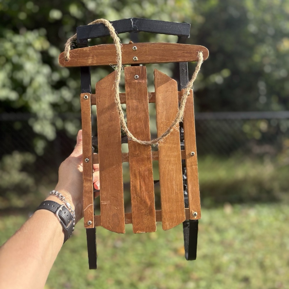 Rustic Wood Stain Sled Black Runners & Jute Rope Christmas Winter Holiday Decor
